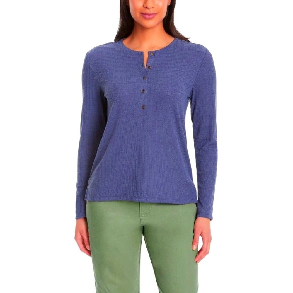 GH Bass Womens S Textured Henley Button Top Lightweight Long Sleeve Shirt Blue